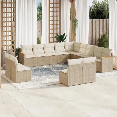 Salon de jardin avec coussins 13 pcs beige résine tressée