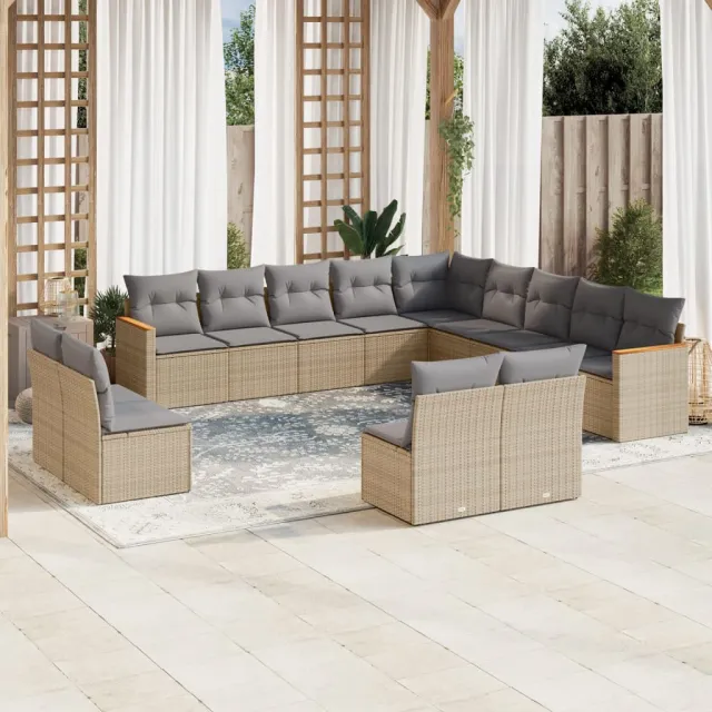 Salon de jardin avec coussins 13 pcs beige résine tressée