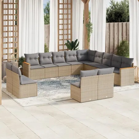 Salon de jardin avec coussins 13 pcs beige résine tressée