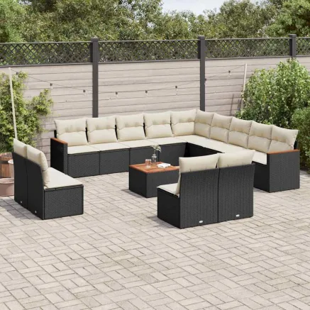 Salon de jardin avec coussins 14 pcs noir résine tressée
