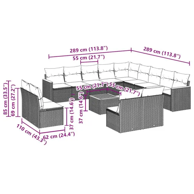 Salon de jardin avec coussins 14 pcs noir résine tressée