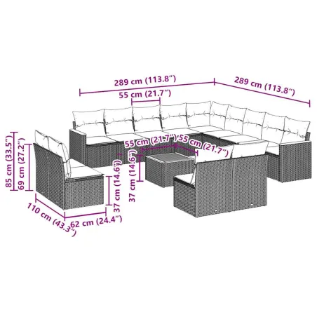 Salon de jardin avec coussins 14 pcs noir résine tressée