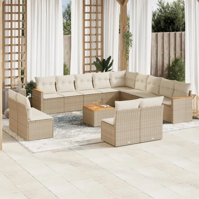 Salon de jardin avec coussins 14 pcs beige résine tressée