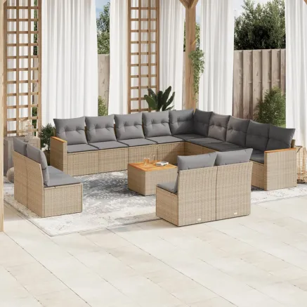 Salon de jardin avec coussins 14 pcs beige résine tressée