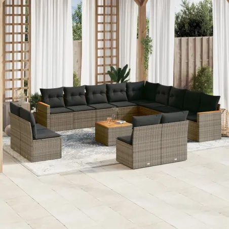 Salon de jardin avec coussins 14 pcs gris résine tressée