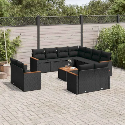 Salon de jardin 12 pcs avec coussins noir résine tressée