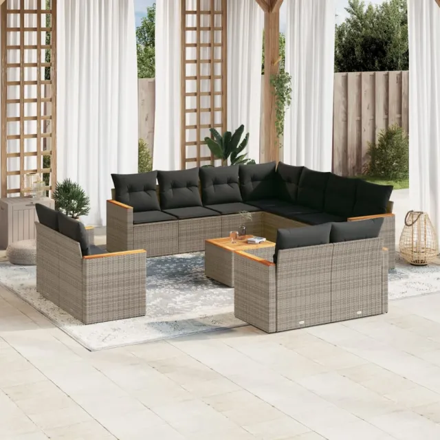 Salon de jardin avec coussins 12 pcs gris résine tressée