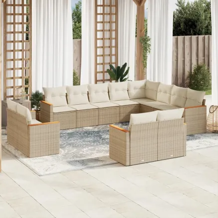 Salon de jardin avec coussins 12 pcs beige résine tressée
