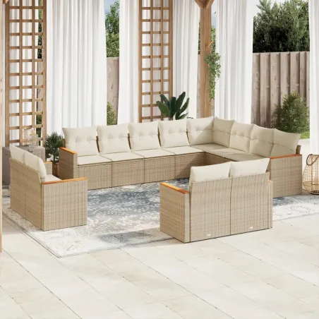 Salon de jardin avec coussins 12 pcs beige résine tressée