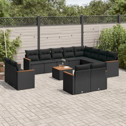 Salon de jardin avec coussins 13 pcs noir résine tressée