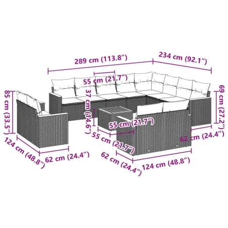 Salon de jardin avec coussins 13 pcs noir résine tressée