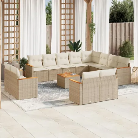 Salon de jardin avec coussins 13 pcs beige résine tressée