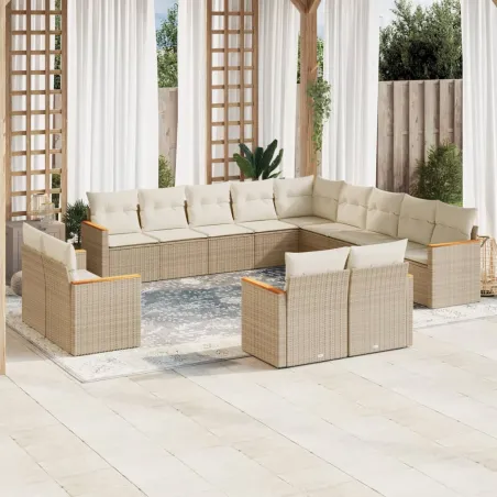 Salon de jardin avec coussins 13 pcs beige résine tressée