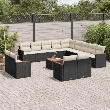 Salon de jardin avec coussins 14 pcs noir résine tressée