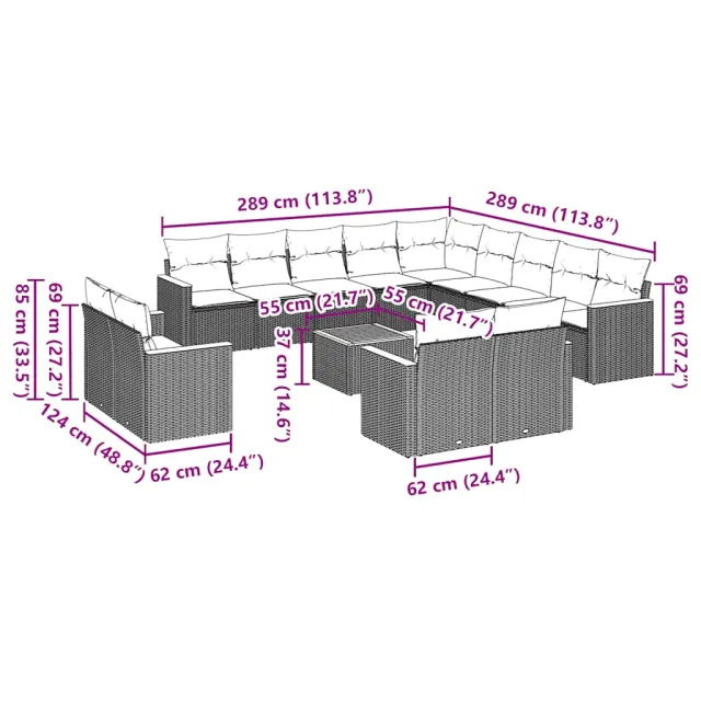 Salon de jardin avec coussins 14 pcs noir résine tressée