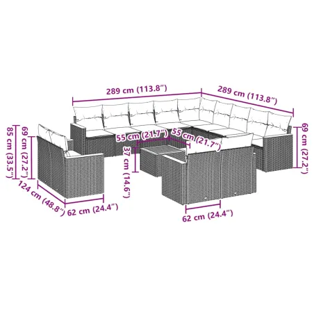 Salon de jardin avec coussins 14 pcs noir résine tressée