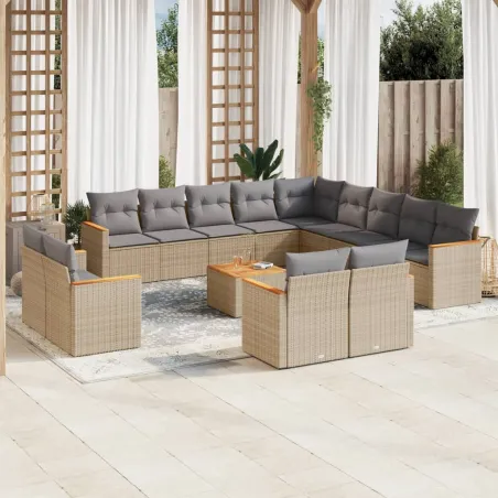 Salon de jardin avec coussins 14 pcs beige résine tressée