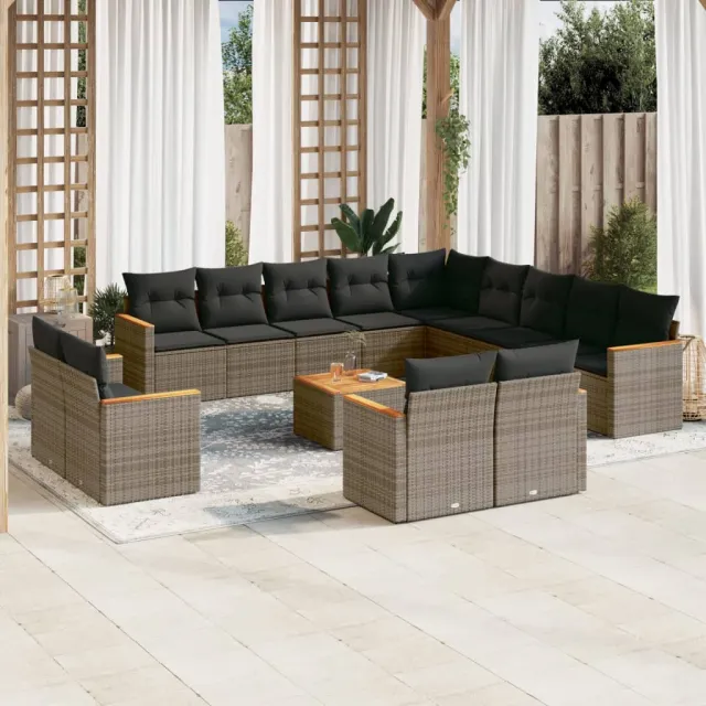 Salon de jardin avec coussins 14 pcs gris résine tressée
