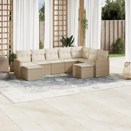 Salon de jardin avec coussins 9 pcs beige résine tressée