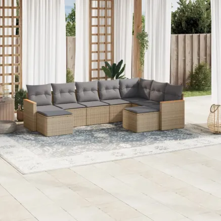 Salon de jardin avec coussins 9 pcs beige résine tressée