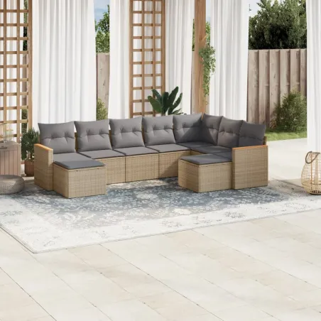 Salon de jardin avec coussins 9 pcs beige résine tressée