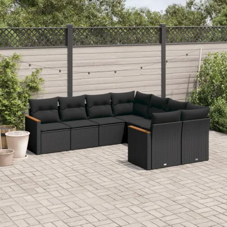 Salon de jardin 8 pcs avec coussins noir résine tressée