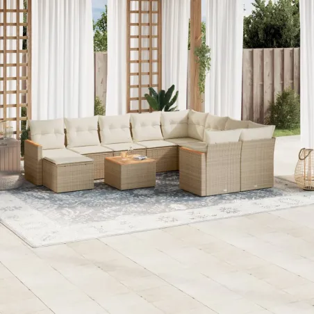 Salon de jardin 11 pcs avec coussins beige résine tressée