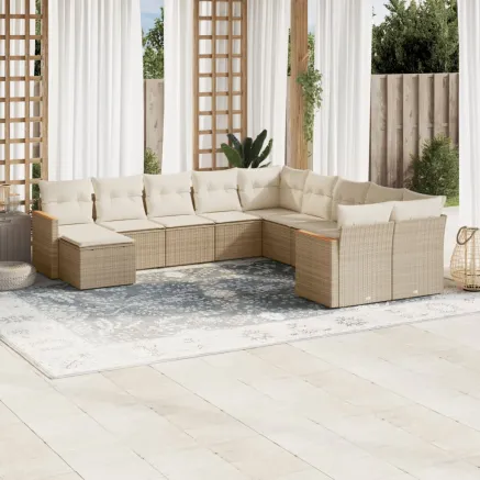 Salon de jardin 11 pcs avec coussins beige résine tressée