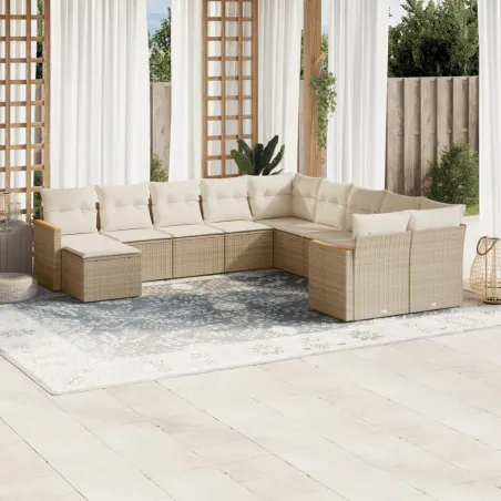 Salon de jardin 11 pcs avec coussins beige résine tressée
