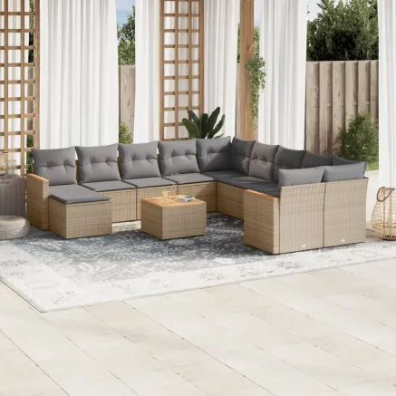 Salon de jardin avec coussins 12 pcs beige résine tressée