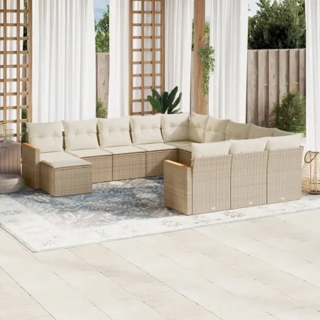 Salon de jardin avec coussins 12 pcs beige résine tressée