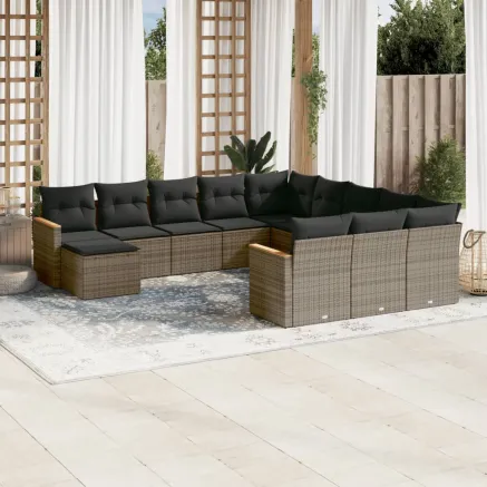 Salon de jardin avec coussins 12 pcs gris résine tressée
