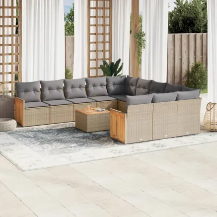 Salon de jardin avec coussins 13 pcs beige résine tressée