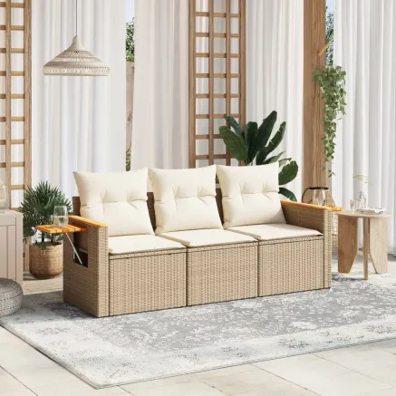 Salon de jardin avec coussins 3 pcs beige résine tressée