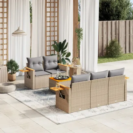 Salon de jardin avec coussins 6 pcs beige résine tressée