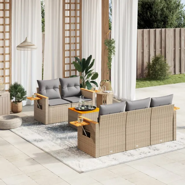 Salon de jardin avec coussins 6 pcs beige résine tressée