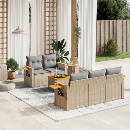 Salon de jardin avec coussins 6 pcs beige résine tressée