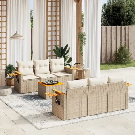 Salon de jardin avec coussins 7 pcs beige résine tressée