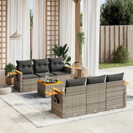 Salon de jardin avec coussins 7 pcs gris résine tressée