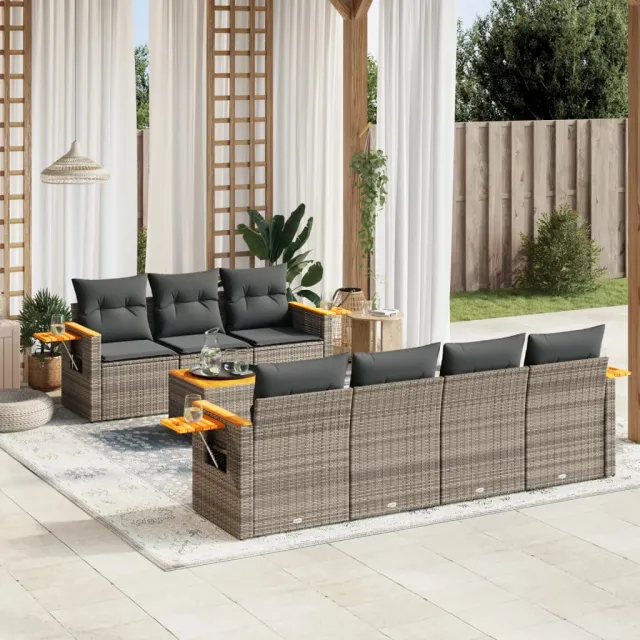 Salon de jardin 8 pcs avec coussins gris résine tressée