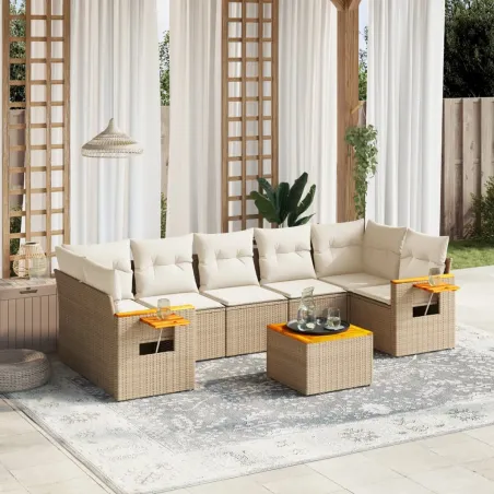 Salon de jardin avec coussins 8 pcs beige résine tressée