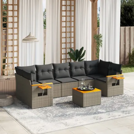 Salon de jardin 8 pcs avec coussins gris résine tressée