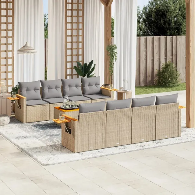 Salon de jardin avec coussins 9 pcs beige résine tressée