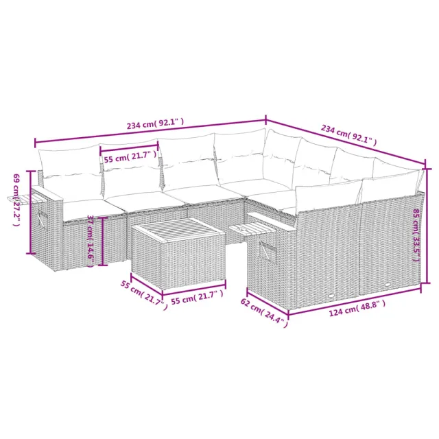 Salon de jardin 9 pcs avec coussins noir résine tressée