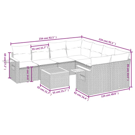 Salon de jardin 9 pcs avec coussins noir résine tressée