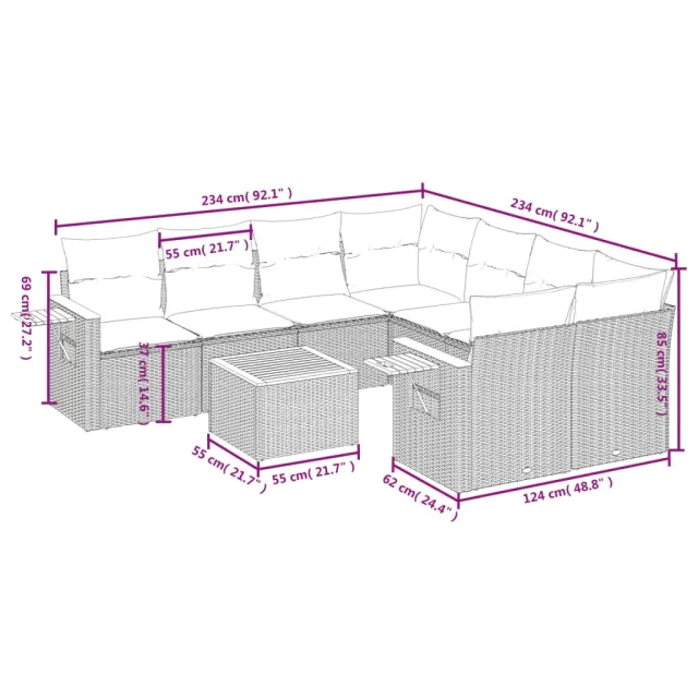 Salon de jardin avec coussins 9 pcs beige résine tressée
