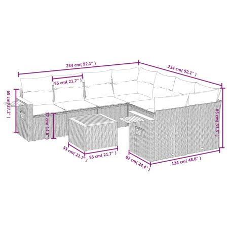 Salon de jardin avec coussins 9 pcs beige résine tressée