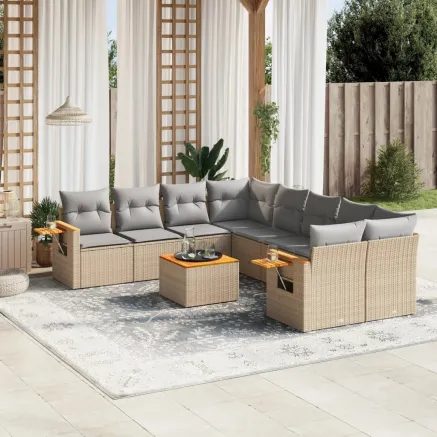 Salon de jardin avec coussins 9 pcs beige résine tressée