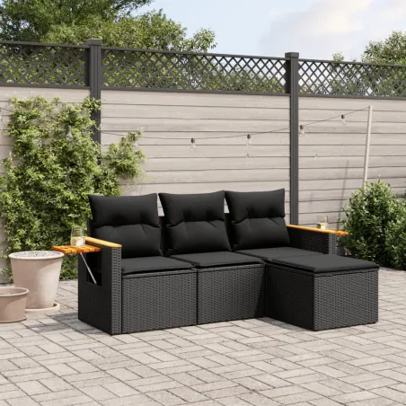 Salon de jardin 4 pcs avec coussins noir résine tressée