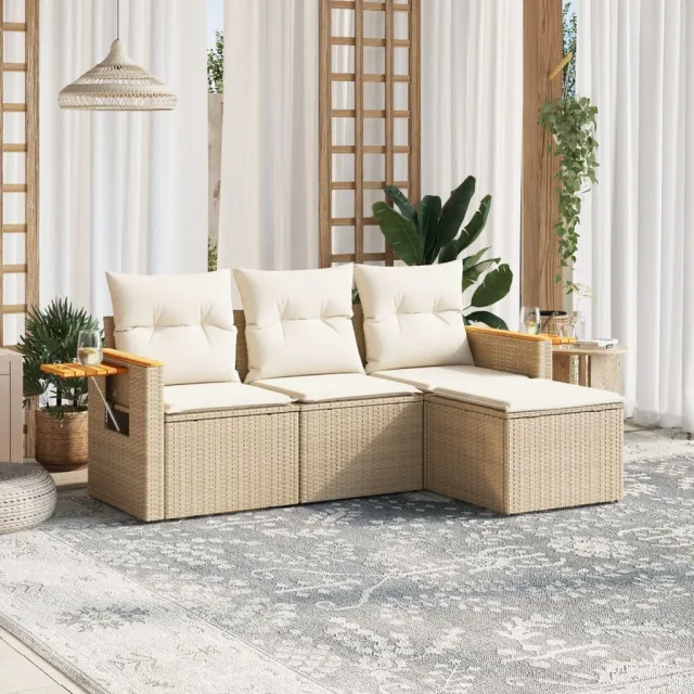 Salon de jardin avec coussins 4 pcs beige résine tressée